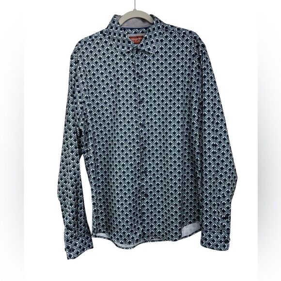 Consequence Other - Consequence Mens Long Sleeve Button Down Dress Shirt Navy White Diamond Tile